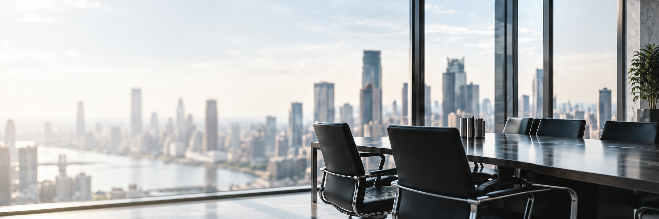 Executive boardroom overlooking a city skyline